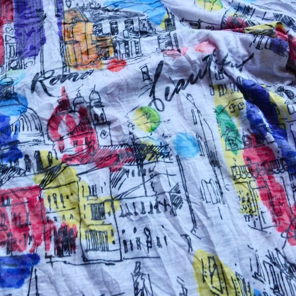 Ali Miles Art Wear Stretch Knit Button Up Shirt Short Sleeve City Print Size 1X - Picture 7 of 13